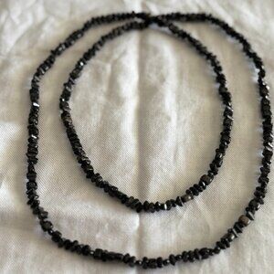 Black Stone Chip 60” Strand Necklace – Boho Layering Faux Hematite / Onyx Look